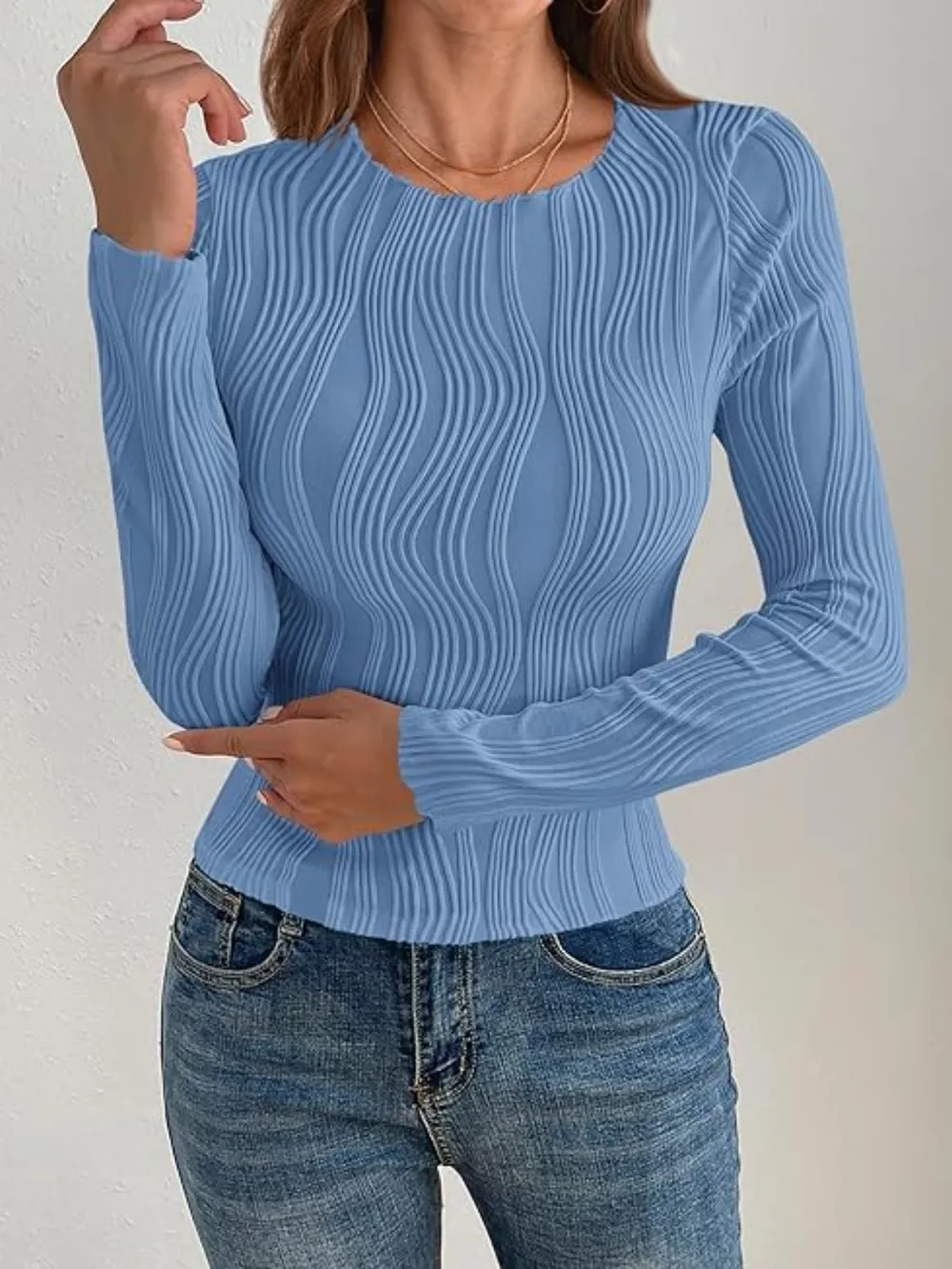 Textured Round Neck Long Sleeve Top, image 7