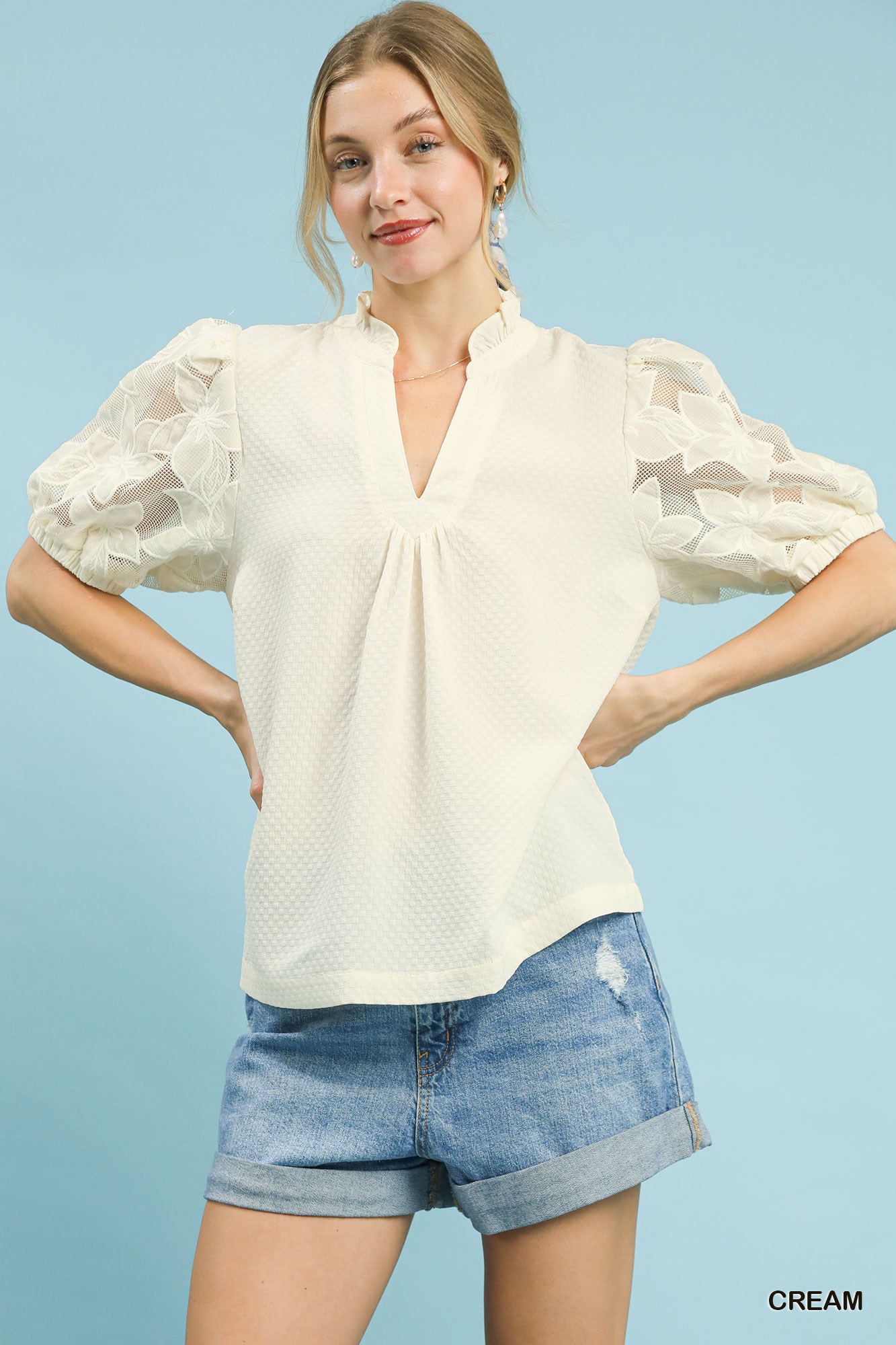 Textured Blouse with Lace Contrast Sleeves
