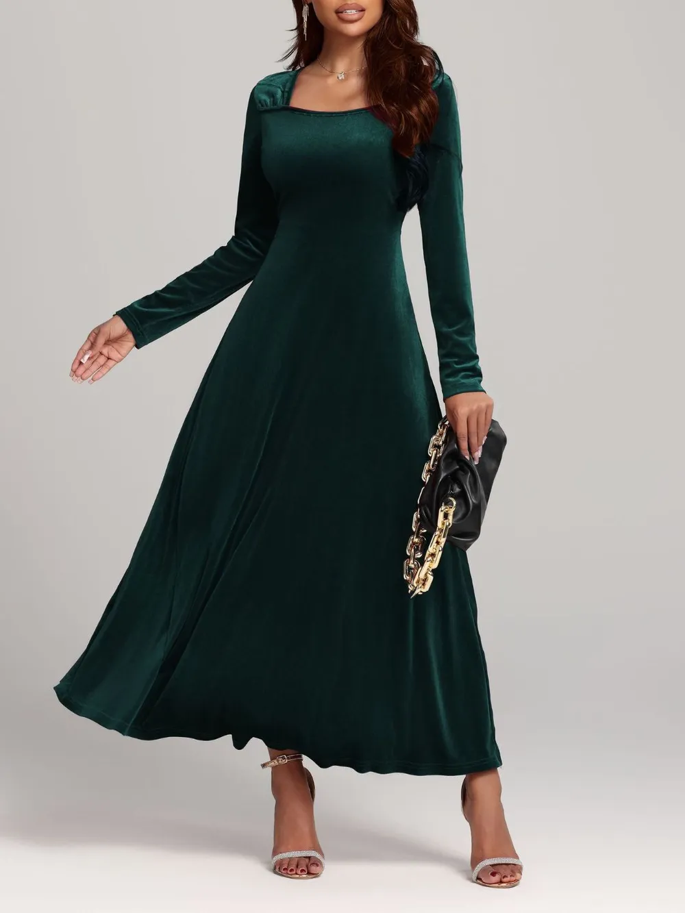 Square Neck Long Sleeve Velvet Dress, image 12