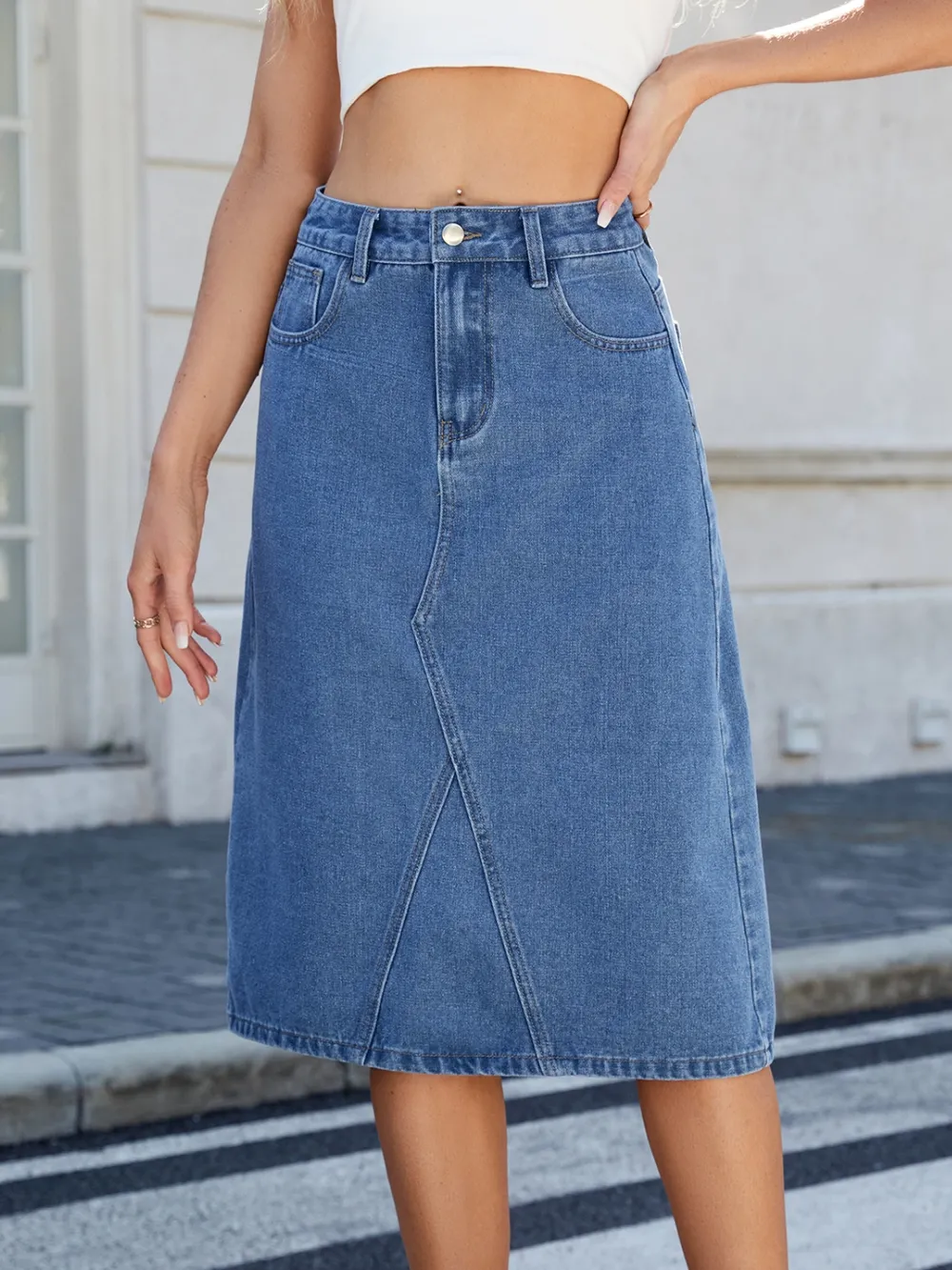 Slit Back Midi Denim Skirt, image 5
