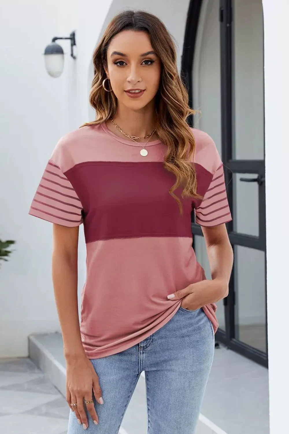 Color Block Round Neck Short Sleeve T-Shirt, image 4