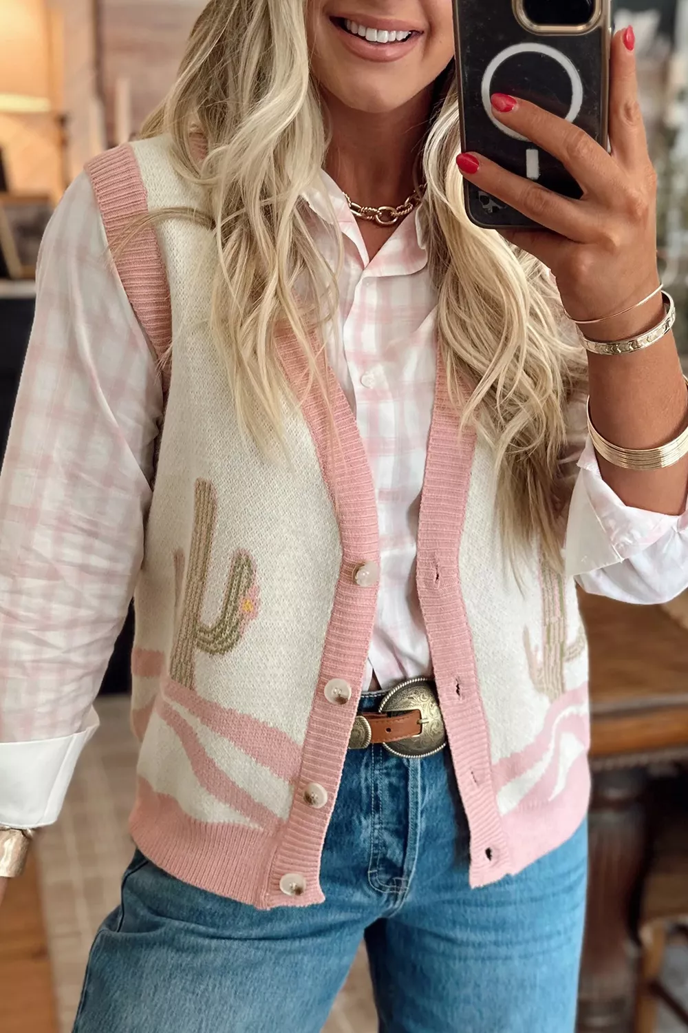Color Block Trim Button Front Cactus Pattern Western Sweater Vest, image 4