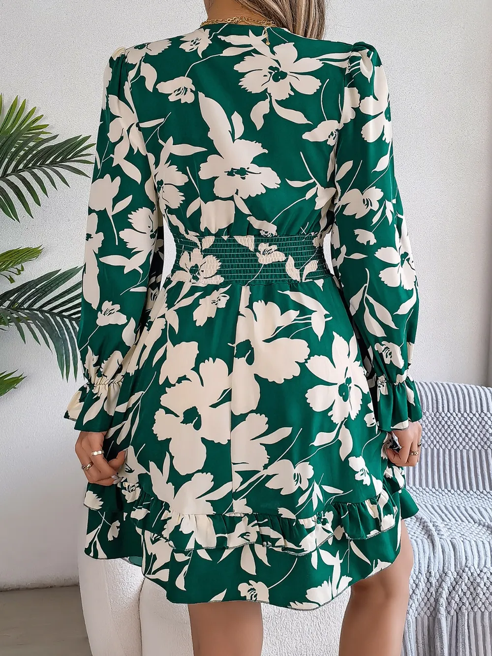 Tied Ruffled Printed Long Sleeve Dress, image 6