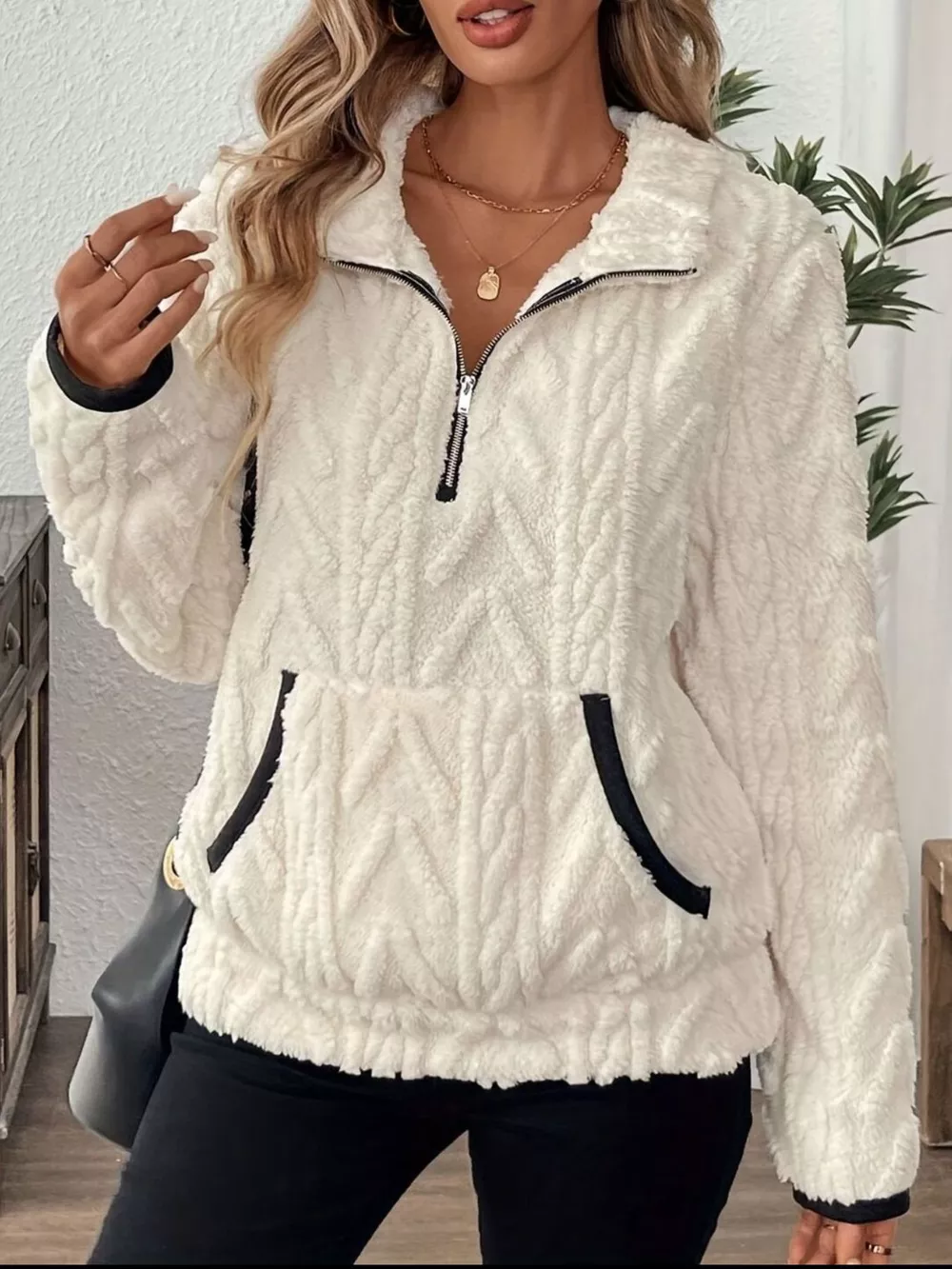 Full Size Half Zip Kangaroo Pocket Sweatshirt Plus Size, image 7