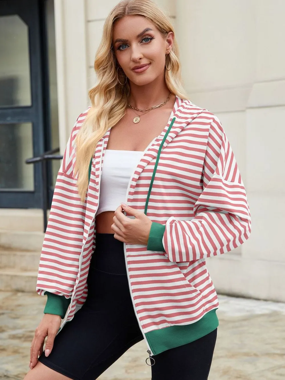 Drawstring Striped Zip Up Long Sleeve Hoodie, image 12
