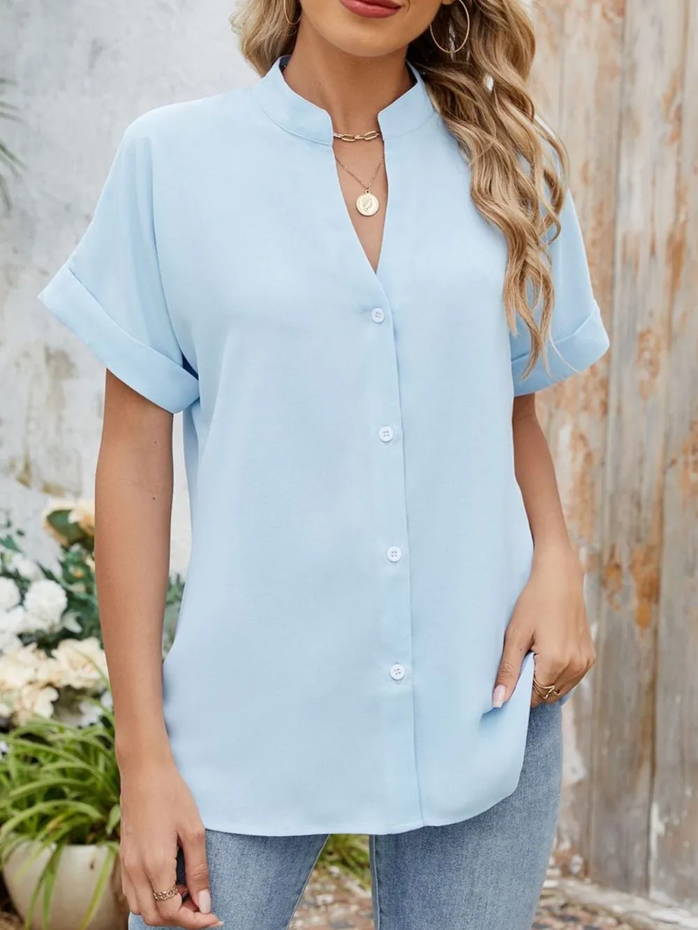 Notched Short Sleeve Blouse, image 11
