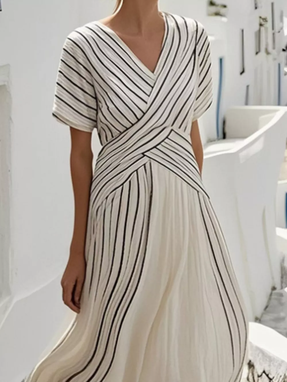 Full Size Striped Short Sleeve Wrap Maxi Dress Plus Size, image 2
