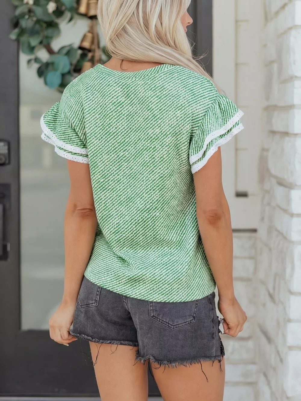 Twilled Print Lace Trim Ruffled Short Sleeve Blouse, image 2