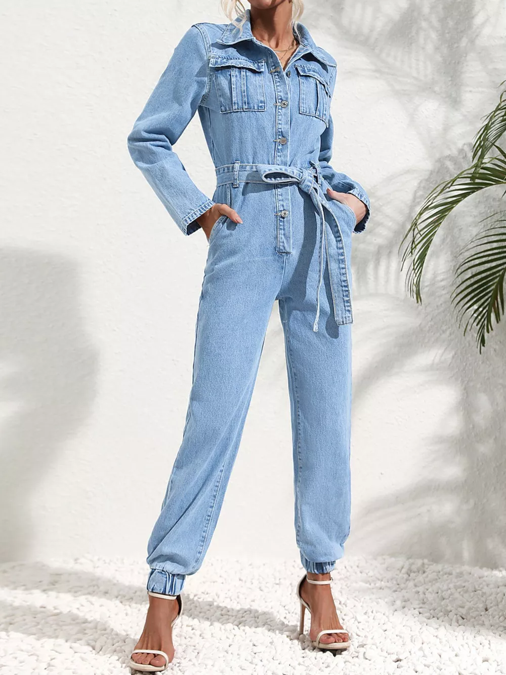 Button Front Belt Denim Jumpsuit, image 2