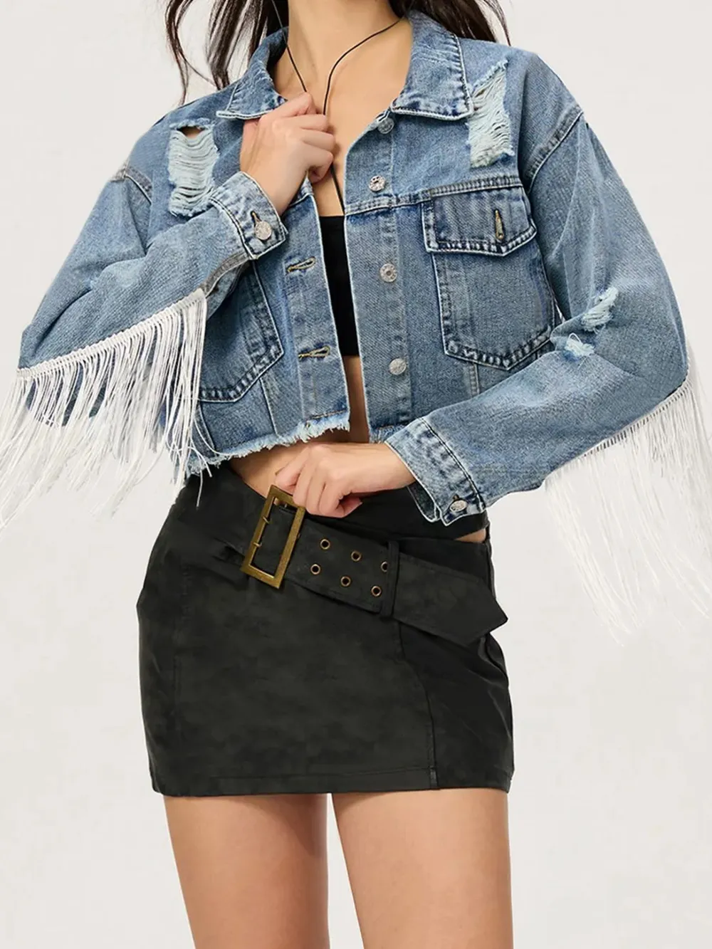 Distressed Fringe Collared Neck Cropped Denim Top, image 2