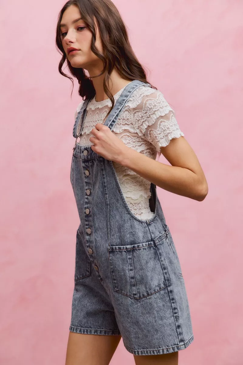 Denim Washed On Front With Adjustable Strap Romper, image 2