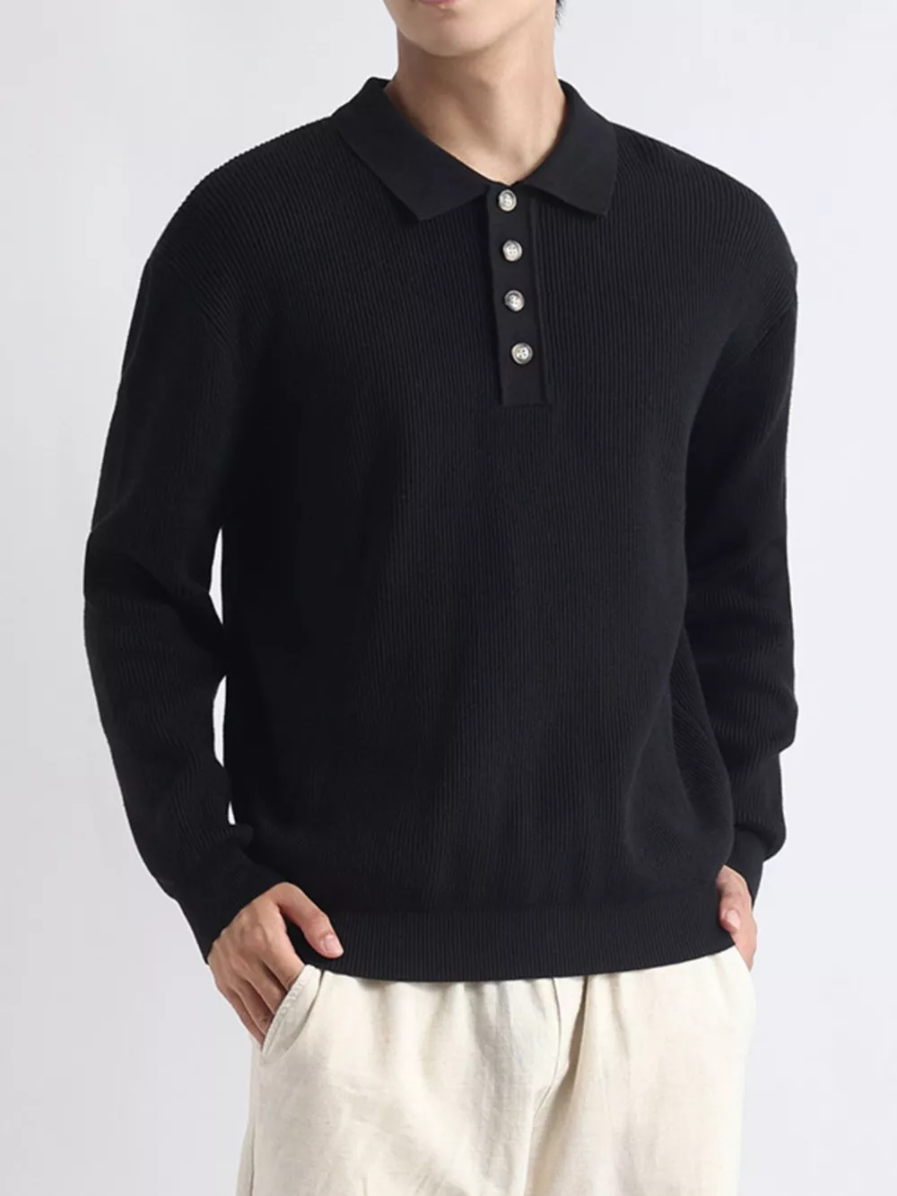 Men's Plus Size Ribbed Knit Polo Collar Sweater, image 4