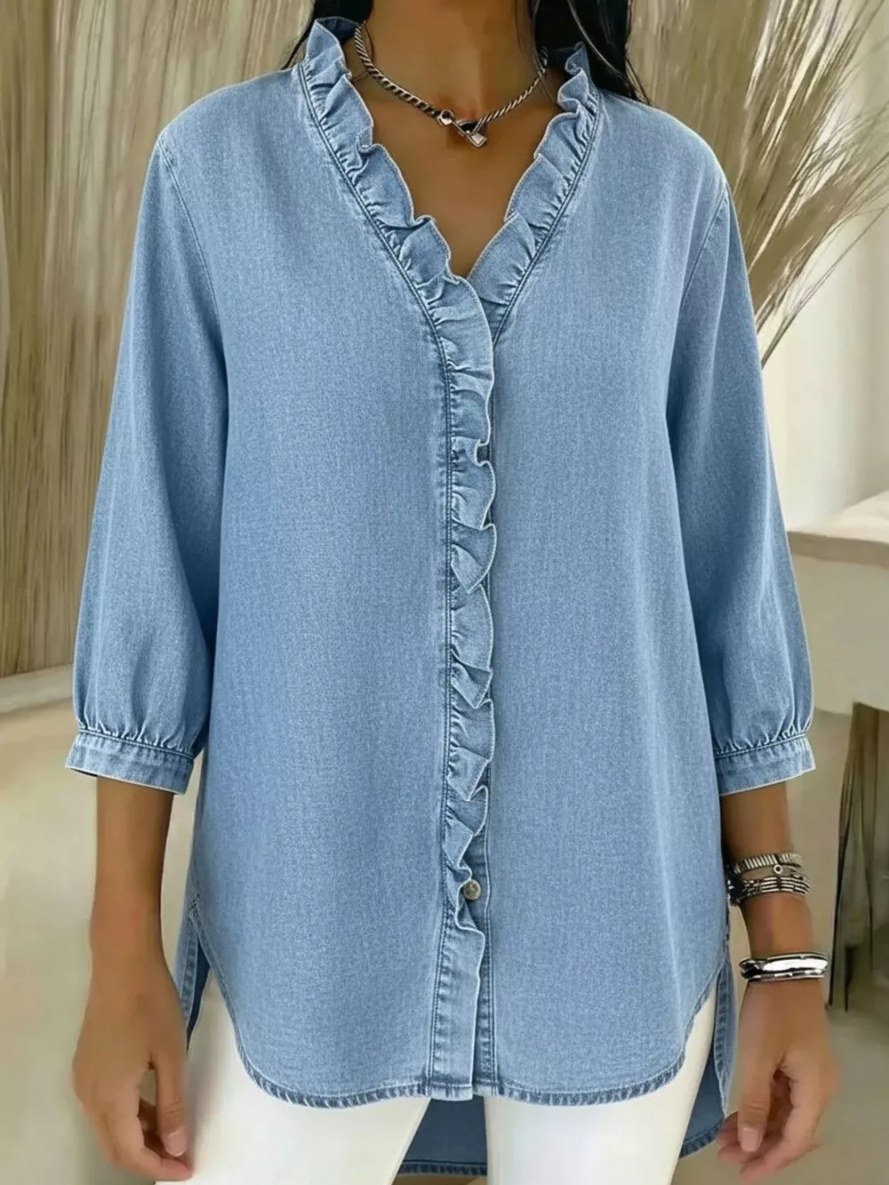 Full Size V-Neck Ruffled Button Down Shirt Plus Size, image 8