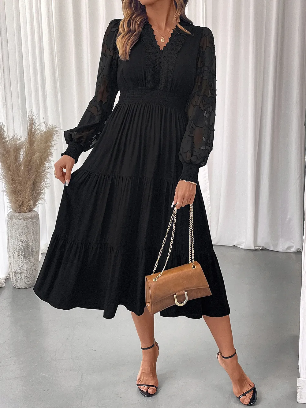 Lace Detail Lantern Sleeve Tiered Dress, image 3