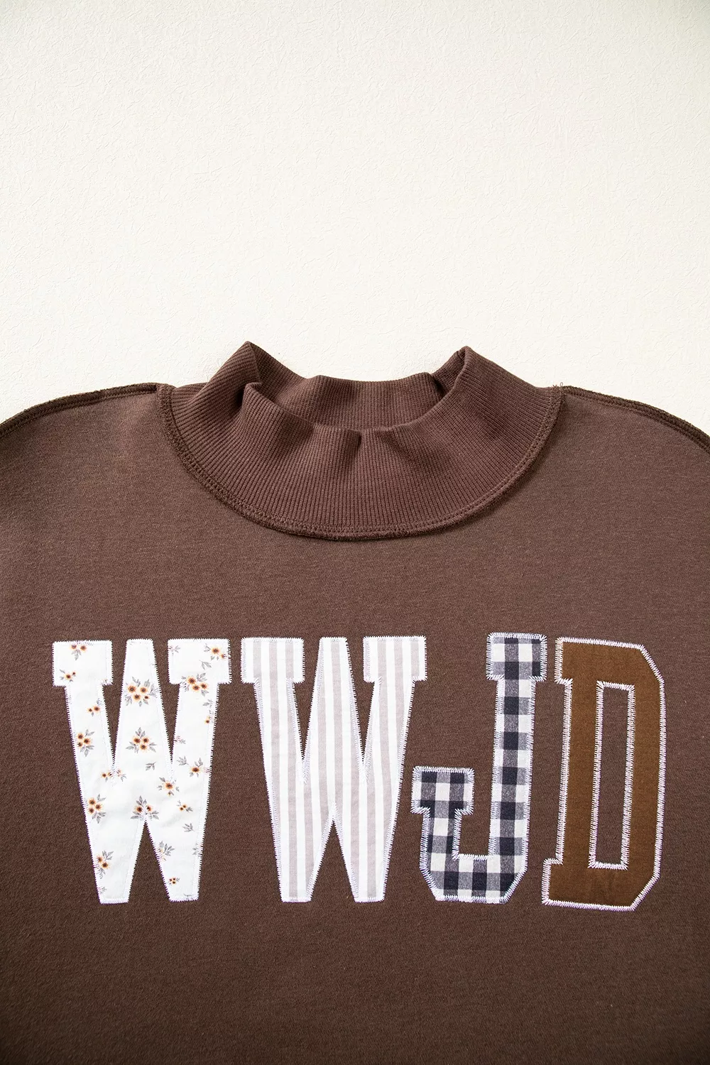 WWJD Mixed Pattern Embroidered Patch Graphic Mock Neck Sweatshirt, image 6