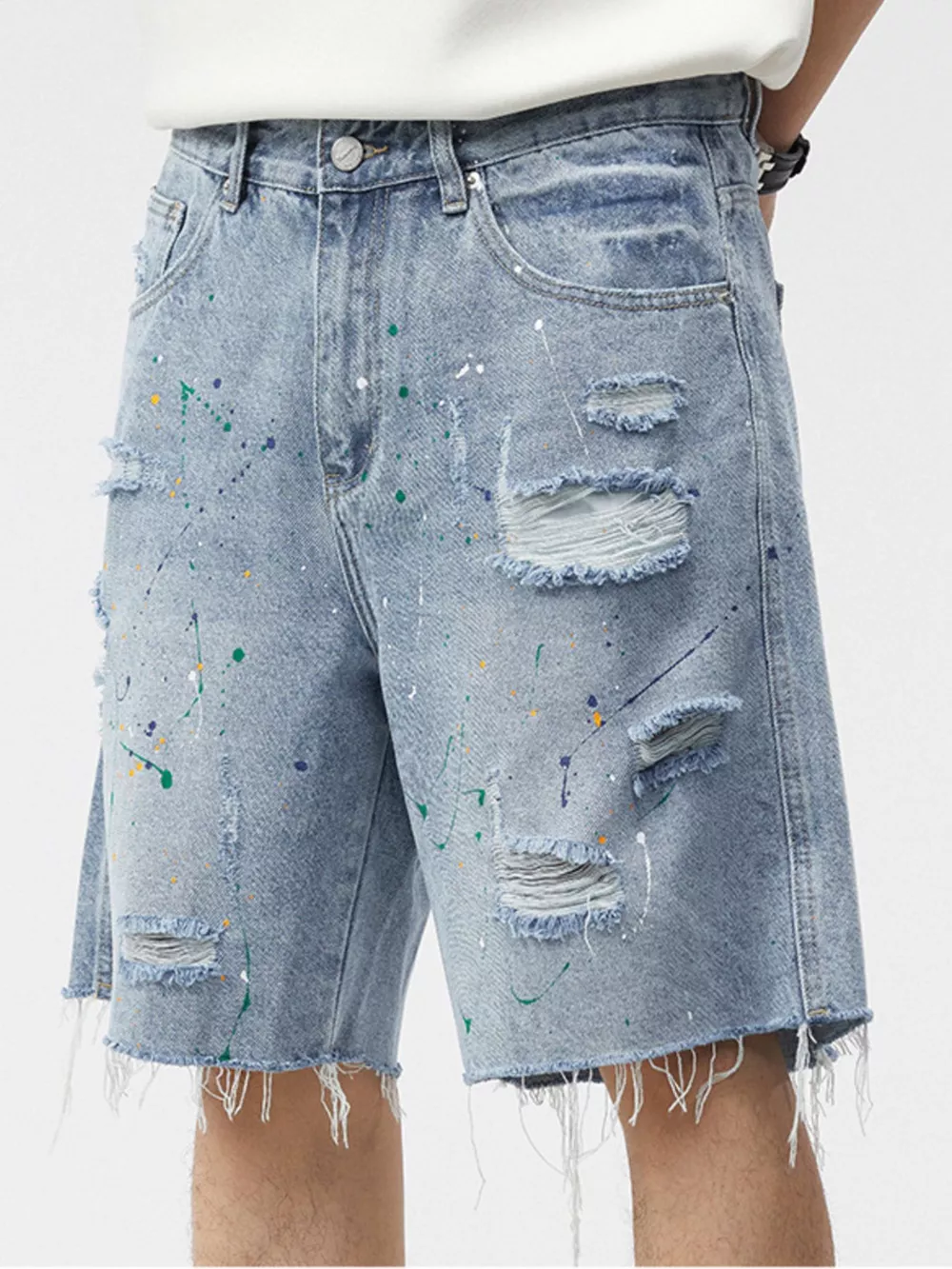 Men's Distressed Paint Splatter Denim Shorts, image 3
