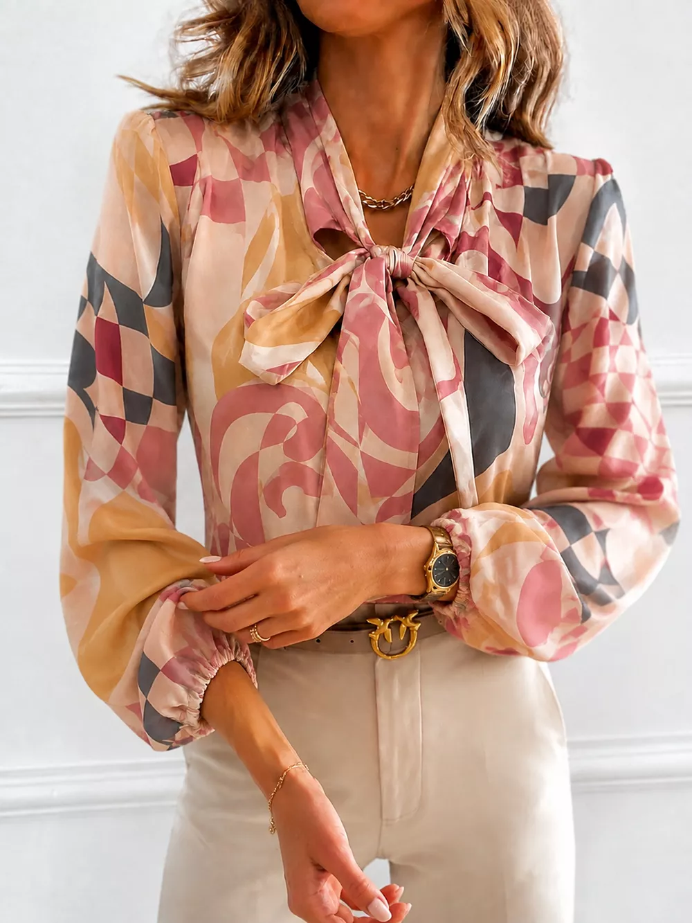 Printed Bow-Tie Neck Long Sleeve Blouse, image 3