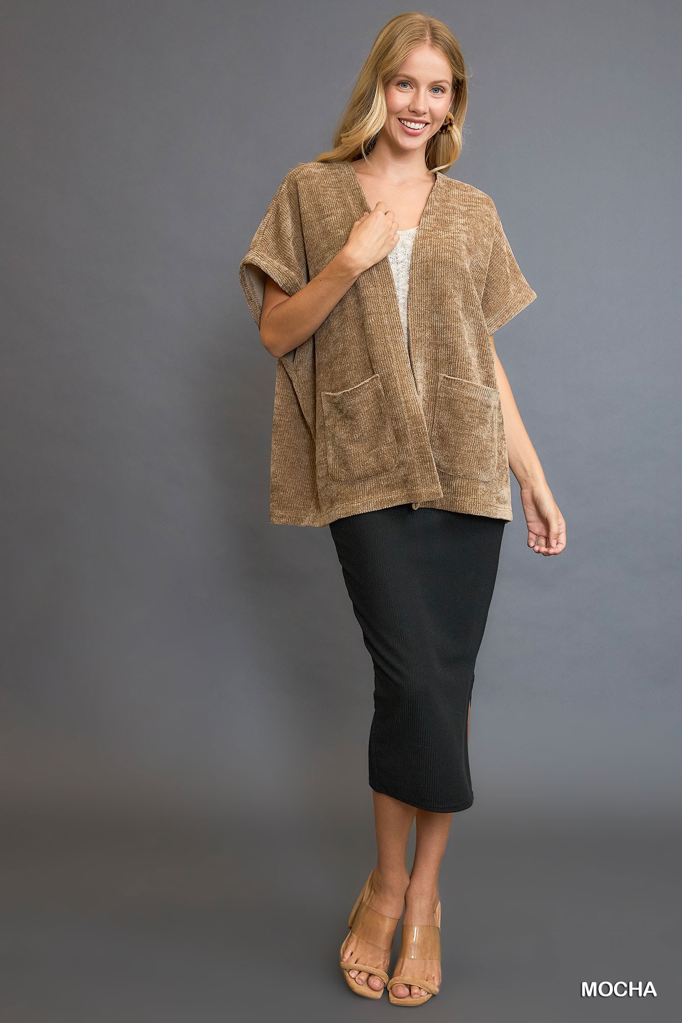 Open Front Knit Cardigan with Front Pockets, image 3