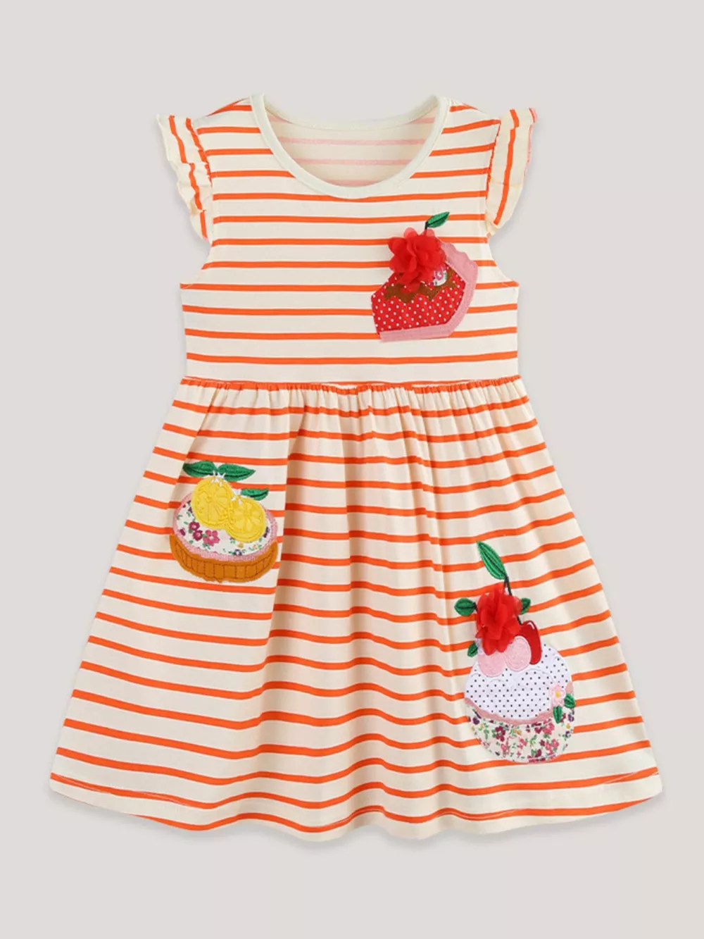 Children's Fruit Embroidered Ruffled Striped Dress, image 2