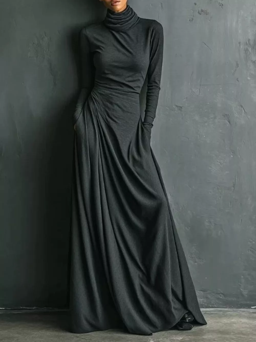 Turtleneck Long-Sleeve Draped Maxi Dress