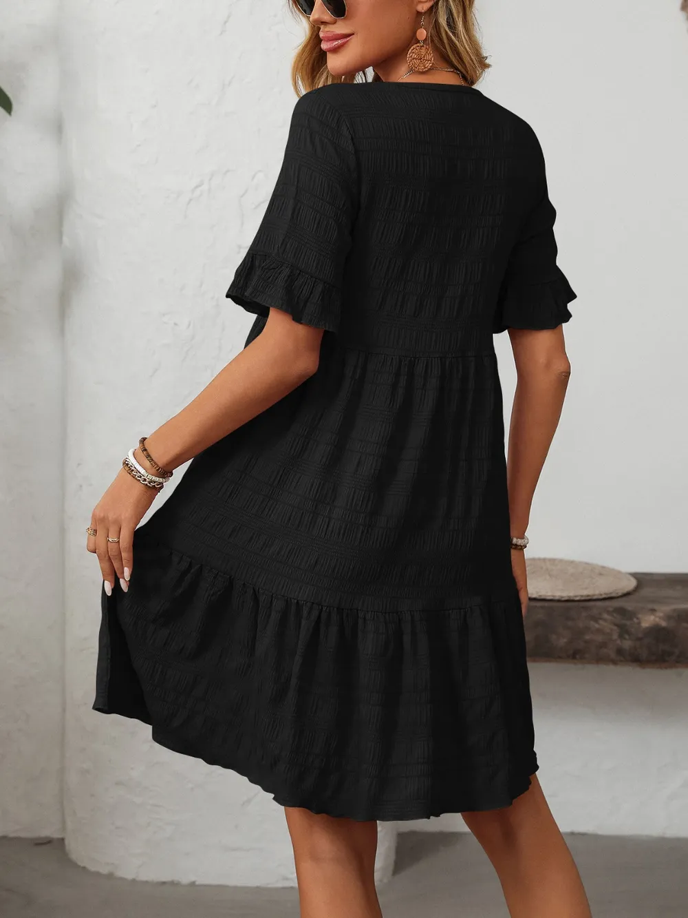 Ruffled Ruched Round Neck Half Sleeve Dress, image 9