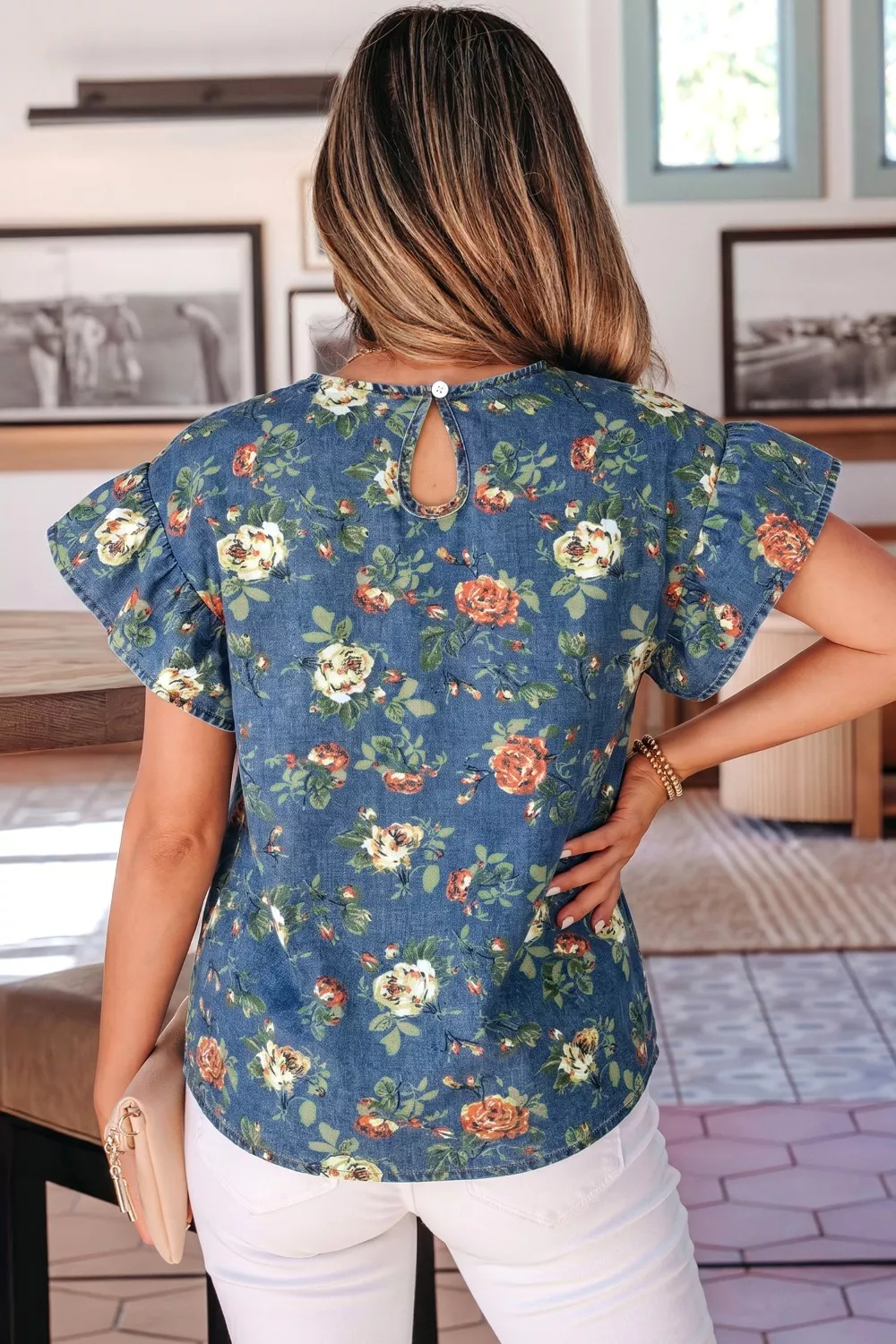 Ruffled Short Sleeve Floral Denim Top, image 2