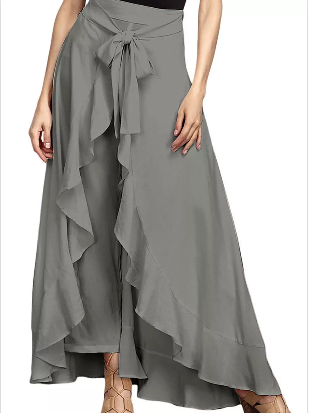 Full Size High-Waisted Tie-Front Ruffled Wide-Leg Pants Plus Size, image 2