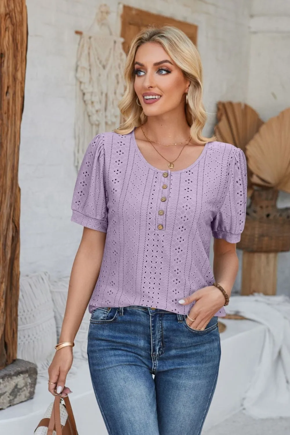 Eyelet Round Neck Short Sleeve Blouse, image 26
