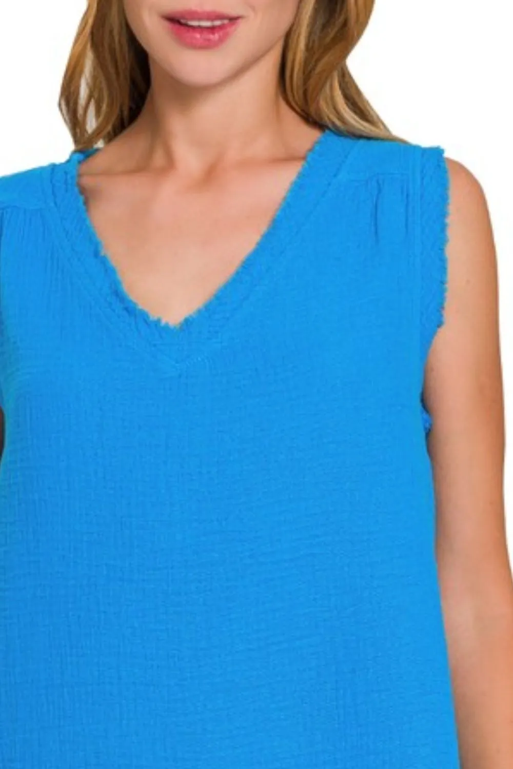 Double Gauze Raw Edge V-Neck Tank, image 3