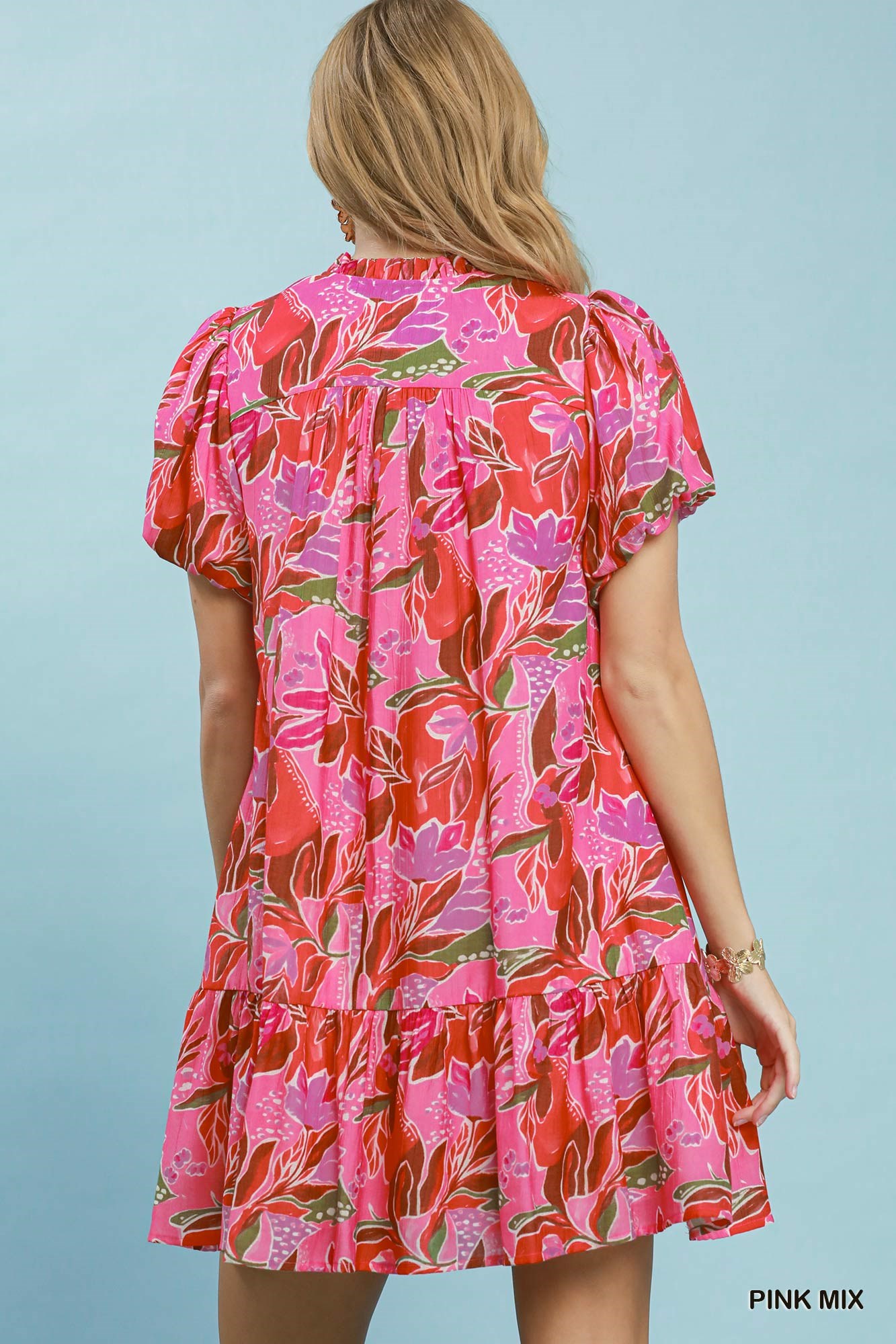 Tropical Floral Puff Sleeve Tiered Mini Dress, image 3