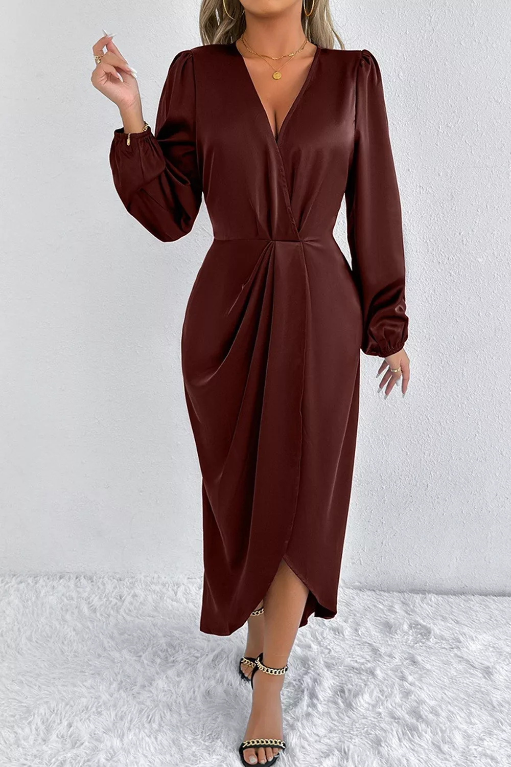 Satin Balloon Sleeve Midi Dress, image 23