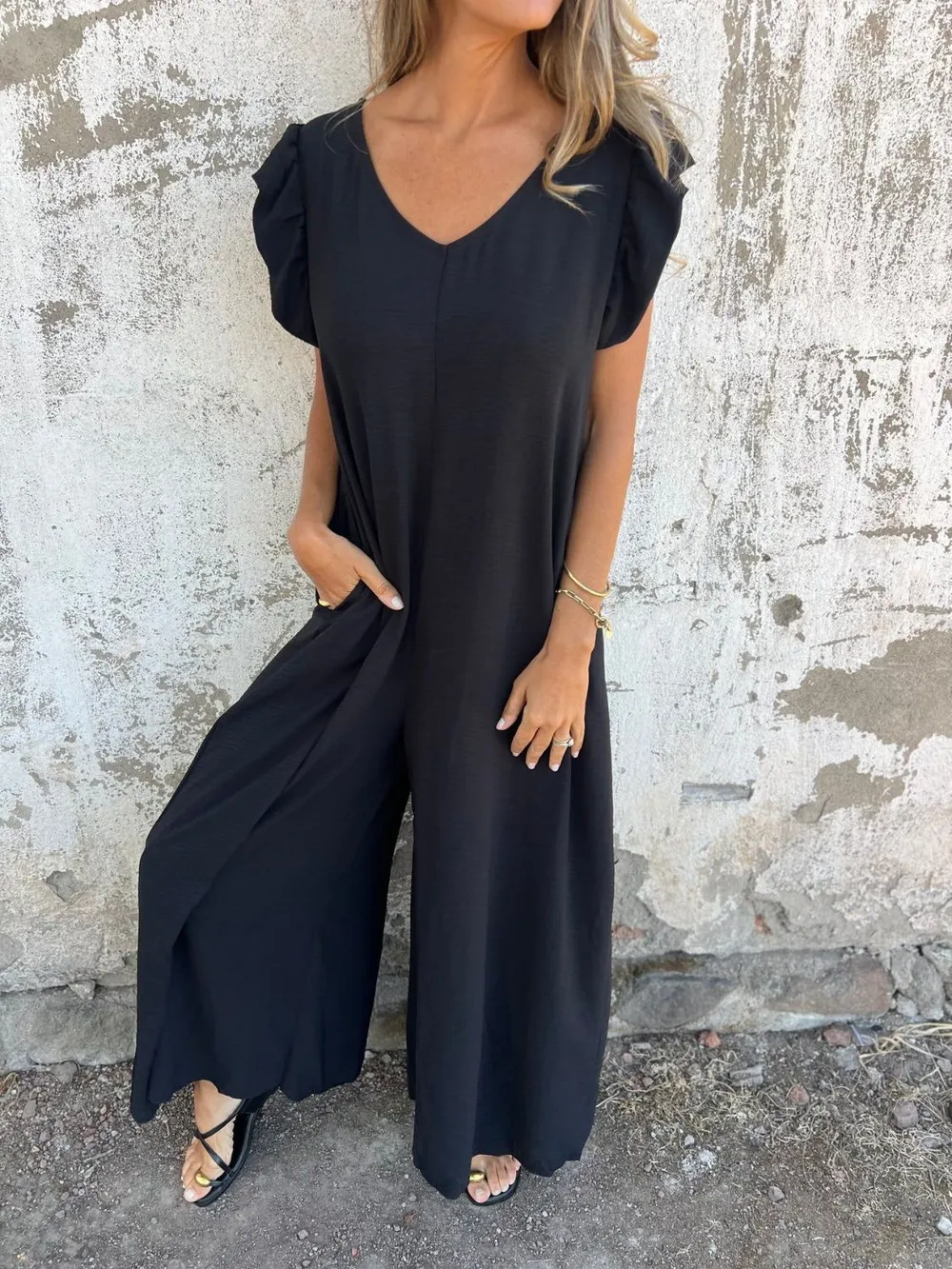 Full Size V-Neck Cap Sleeve Wide Leg Jumpsuit Plus Size, image 8