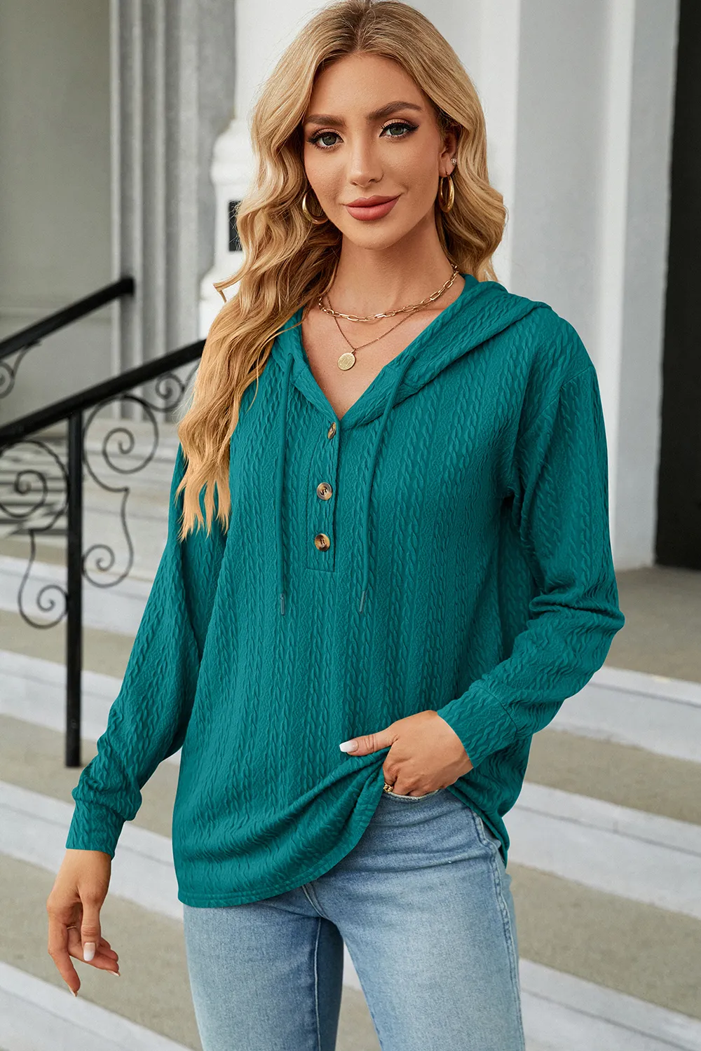 Drawstring Half Button Long Sleeve Hoodie, image 18