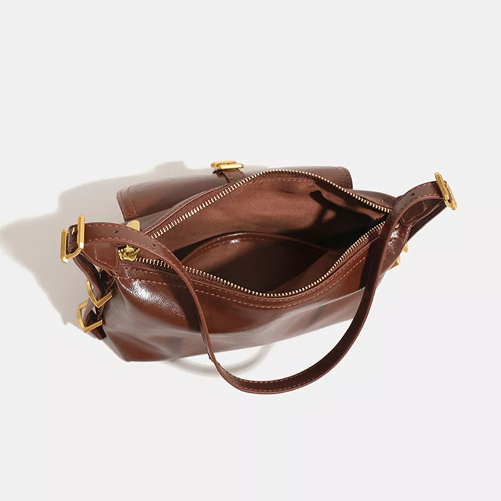 Vintage PU Leather Shoulder Bag with Buckle Detail, image 5