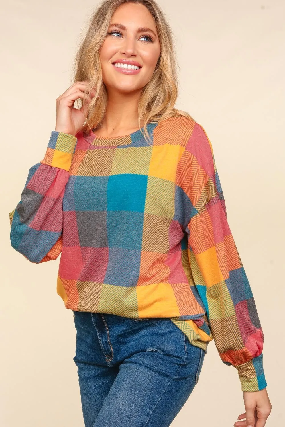 Round Neck Color Block Plaid Top, image 3