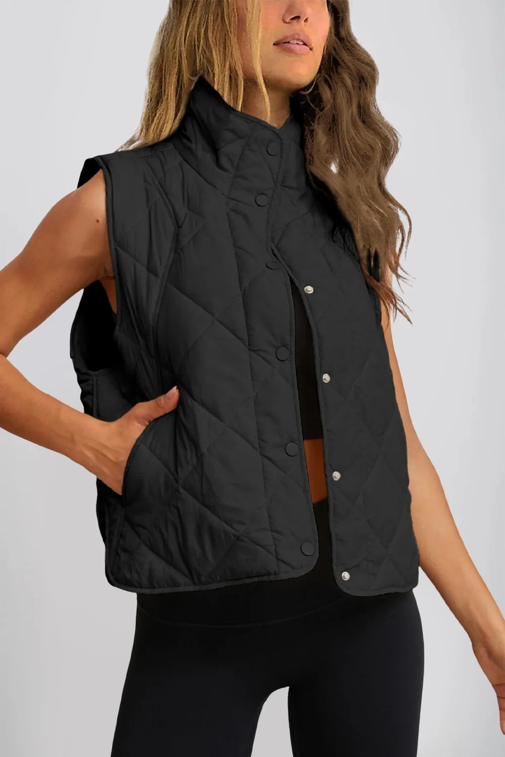 Snap Down Texture Vest Coat with Pockets, image 8