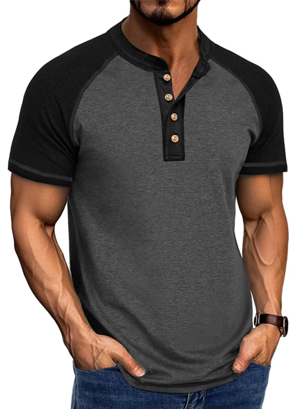 Men's Raglan Henley Color Block T-Shirt, image 6