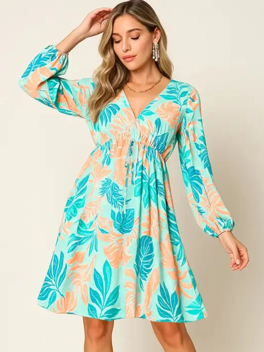 Full Size Printed V-Neck Drawstring Dress
