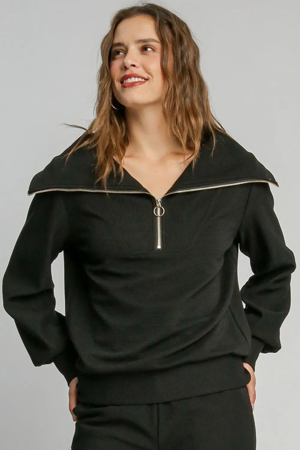 Full Size Ribbed Knit Half Zipper Sweatshirt Plus Size