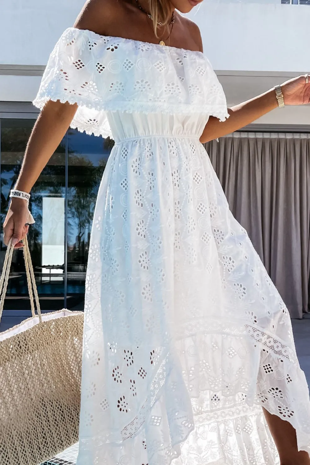 Off Shoulder Eyelet Lace Maxi Dress, image 5