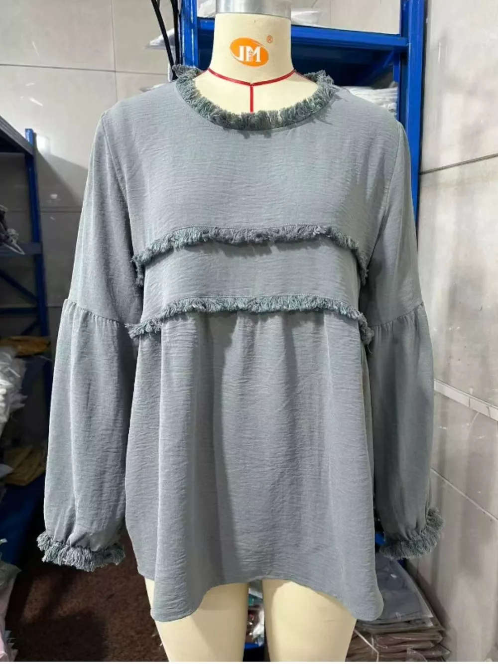 Full Size Boho Chic Textured Frayed Trim Peplum Blouse Plus Size, image 4