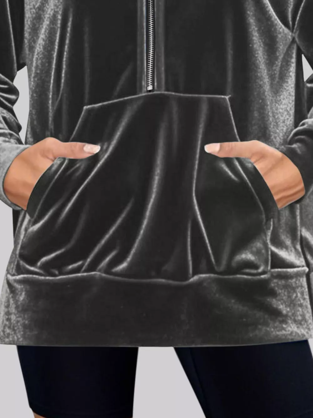 Full Size Velvet Half Zip Hoodie with Kangaroo Pocket Plus Size, image 4