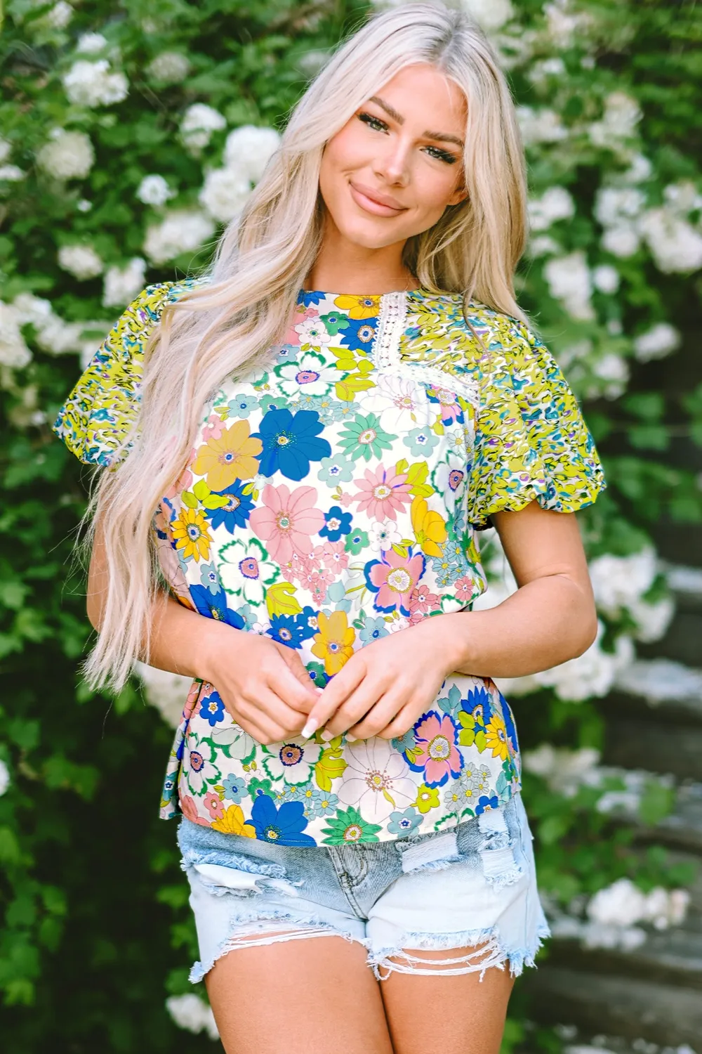 Printed Round Neck Puff Sleeve Blouse, image 8