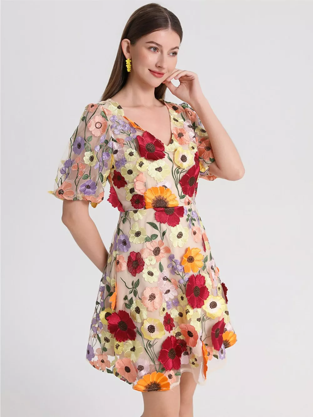Plus Size Embroidered Floral V-Neck Mini Dress, image 2