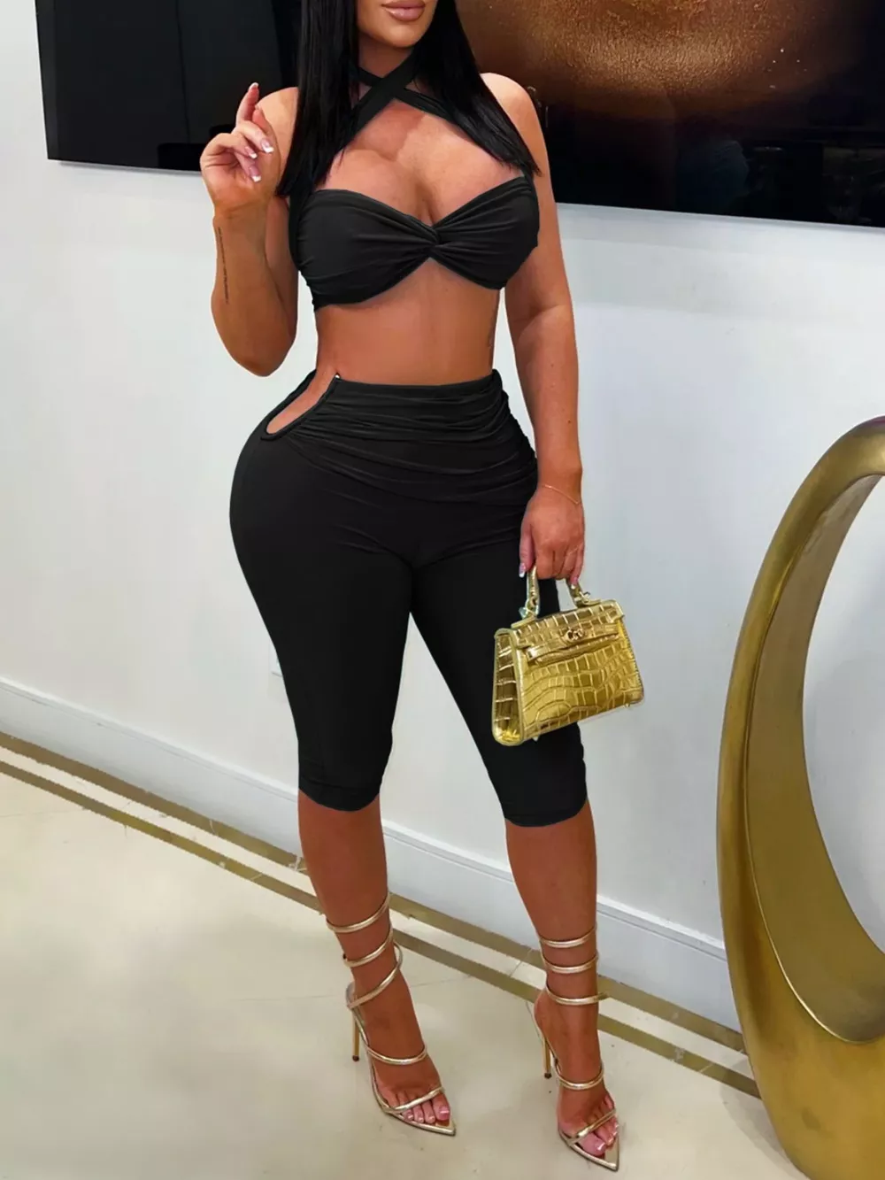 Halter Neck Twist Top and High-Waisted Ruched Capris Set