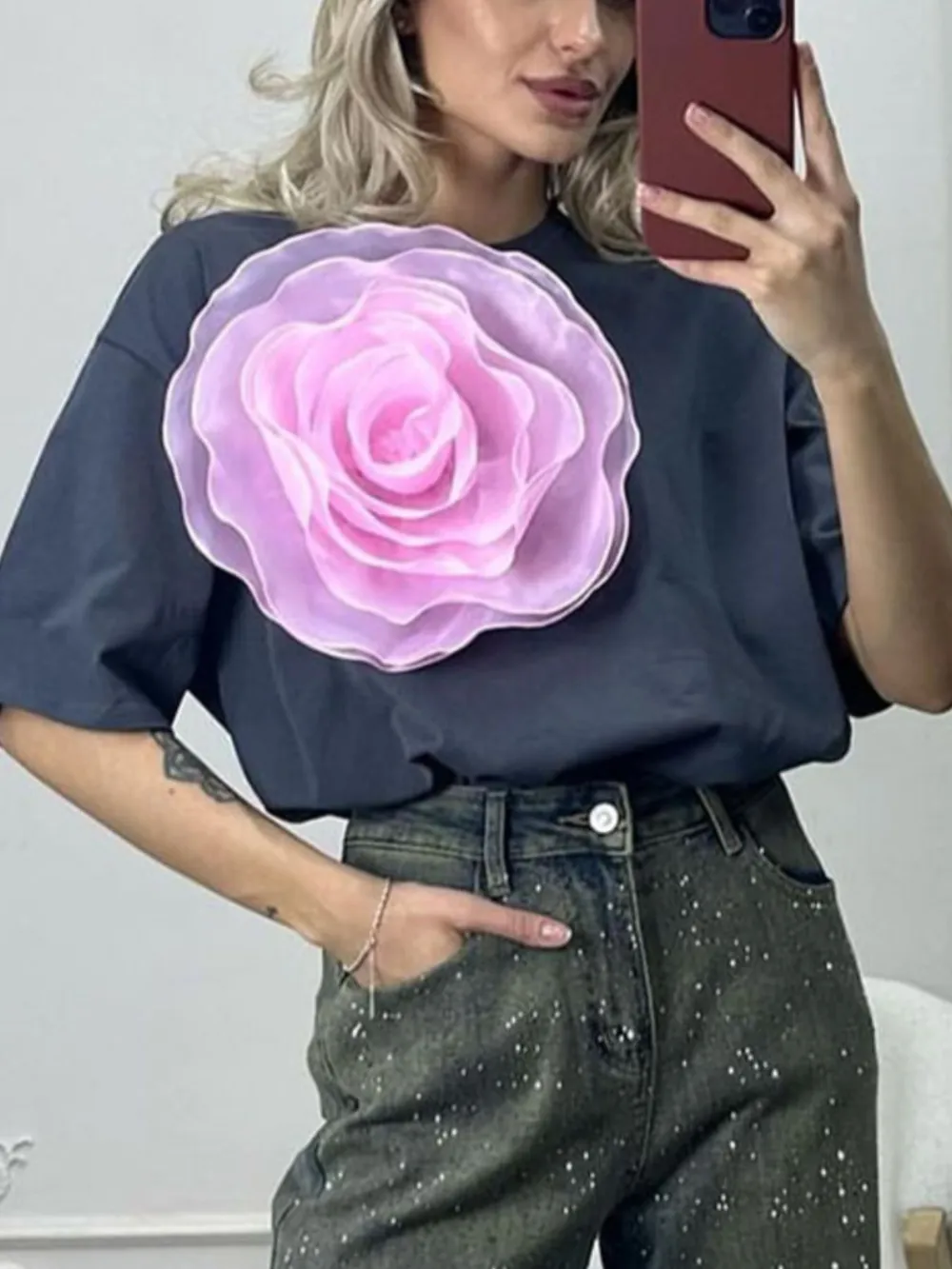 Flower Round Neck Short Sleeve T-Shirt, image 4
