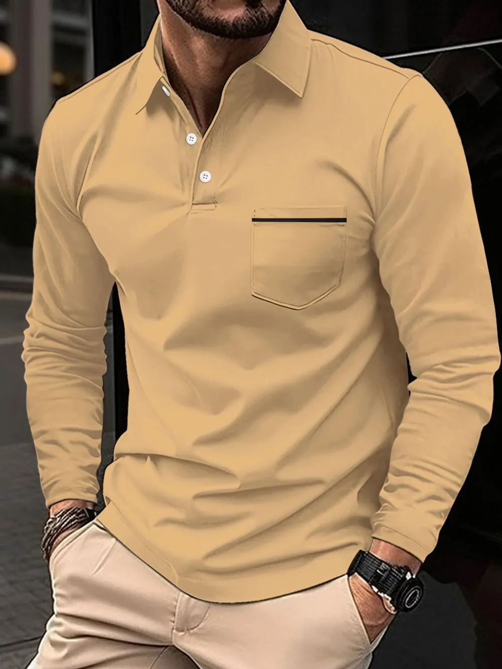 Men's Full Size Button Detail Long Sleeve Polo Plus Size, image 5