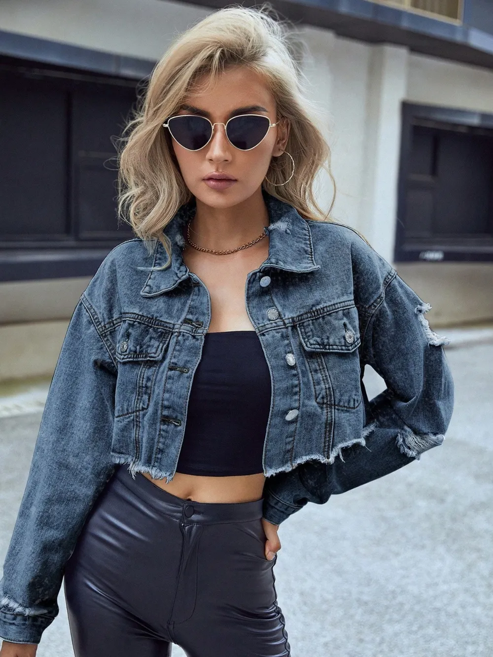 Distressed Raw Hem Cropped Denim Jacket, image 5