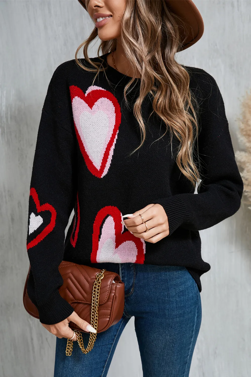 Heart Round Neck Long Sleeve Sweater, image 7