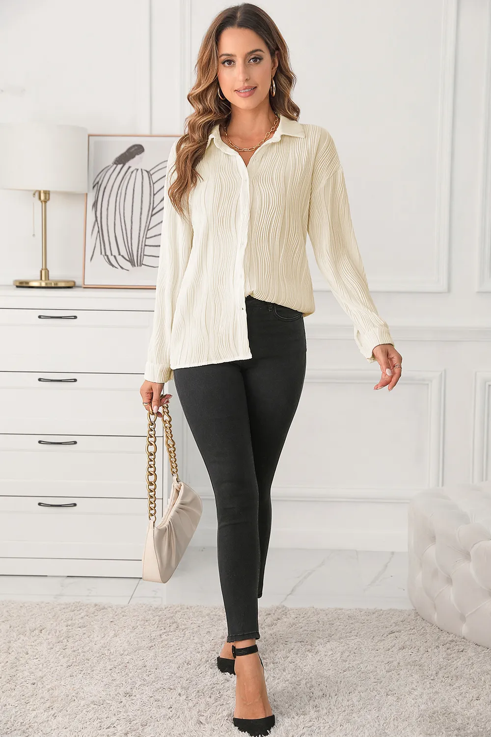 Textured Collared Neck Long Sleeve Shirt, image 5